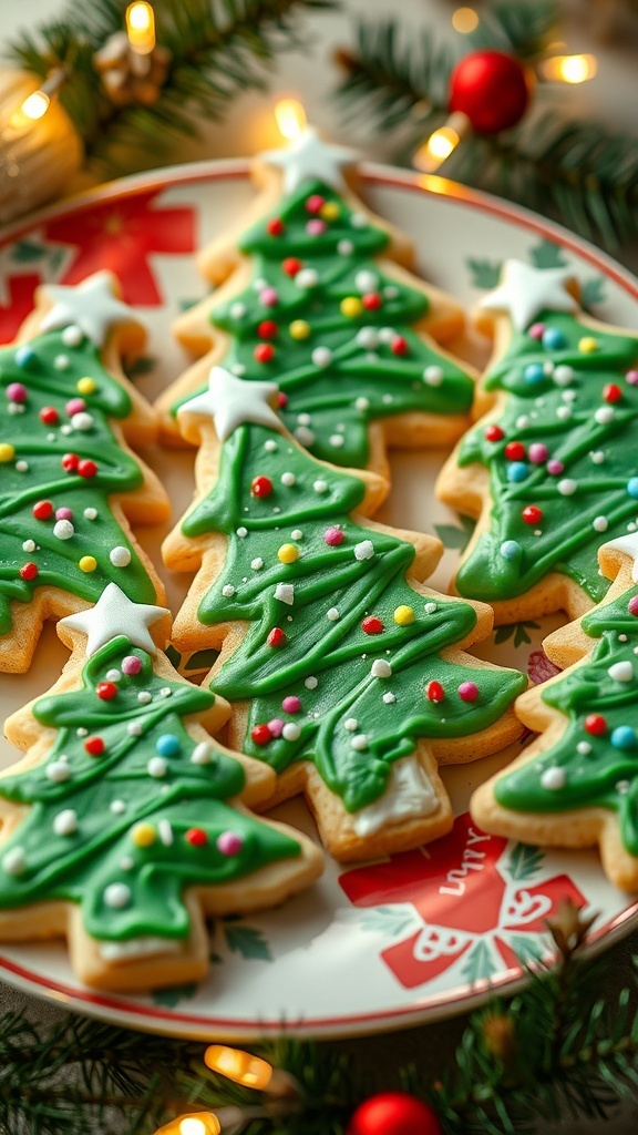 Christmas Tree Sugar Cookies Recipe Decorated Christmas tree sugar cookies with green icing and sprinkles on a festive plate.
